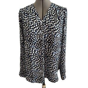 Jones New York Signature Womens Long-Sleeve V-Neck Navy & White Top Size L